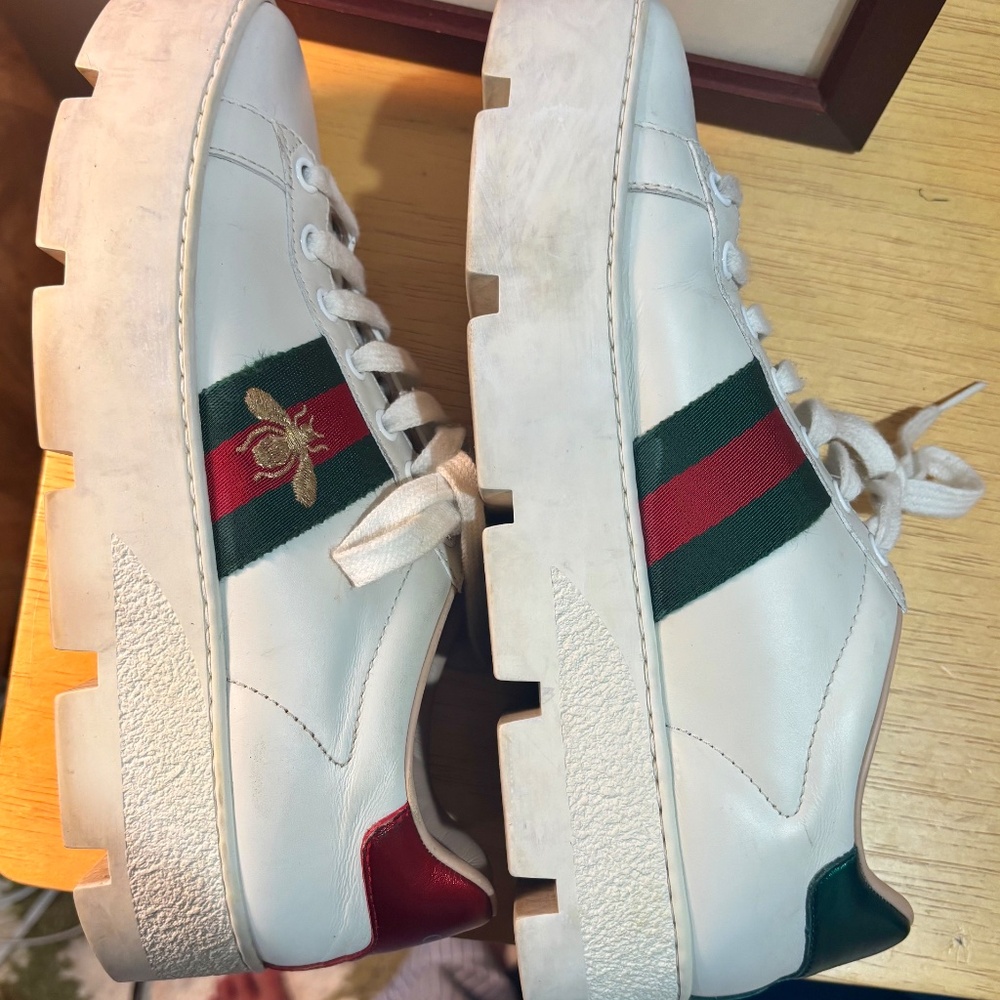 Gucci Ace Bee Platform Embroidered White Leather Women Sneakers 37.5/7.5 Italy - Picture 2 of 5